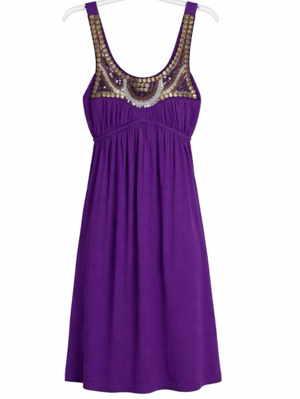 Bailey Girl Purple Beaded Sequin Dress L Boho Grecian Empire Waist Festival Midi